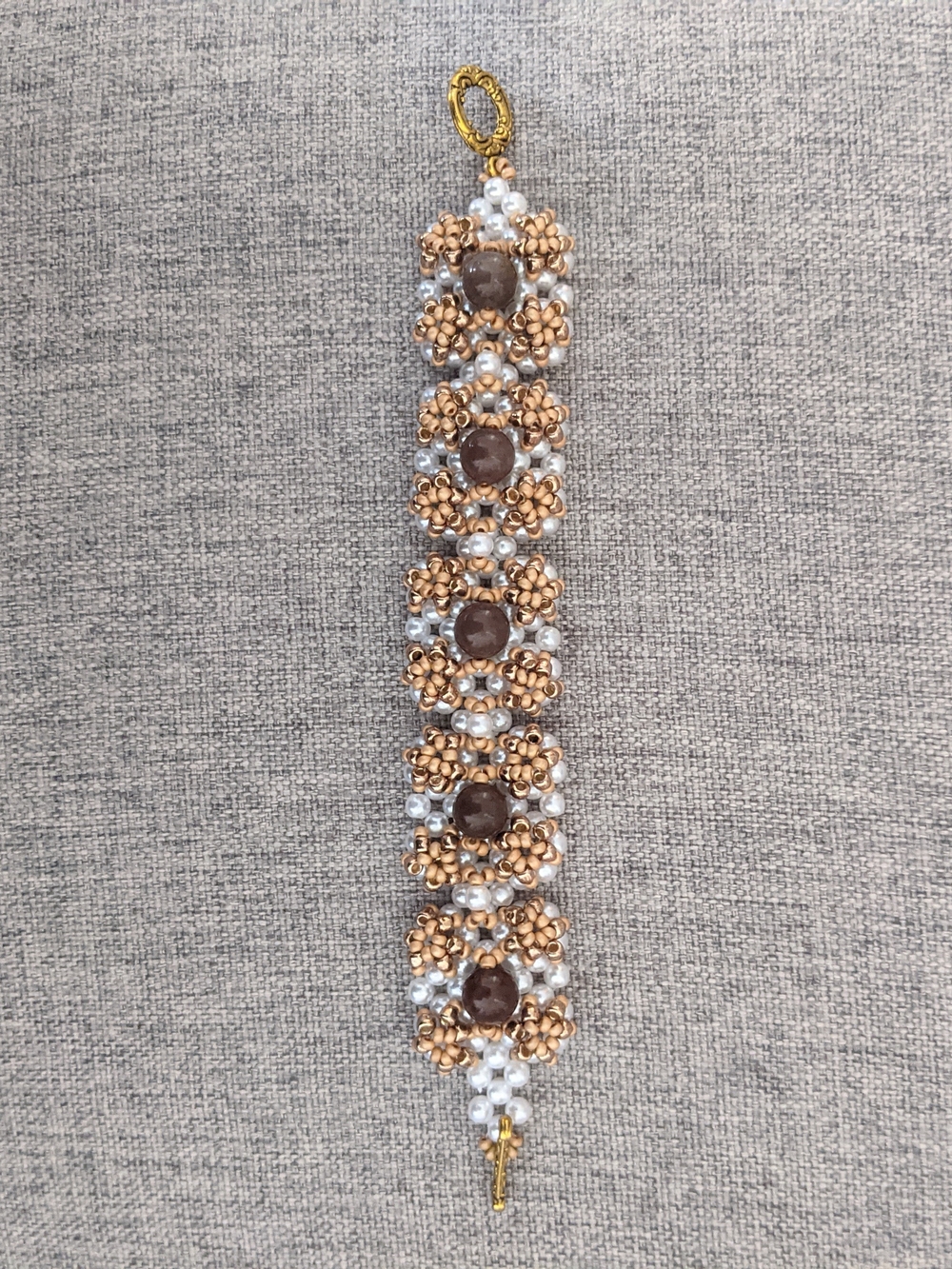 Handcrafted Gold & White Beaded Floral Bracelet with Brown Gemstones